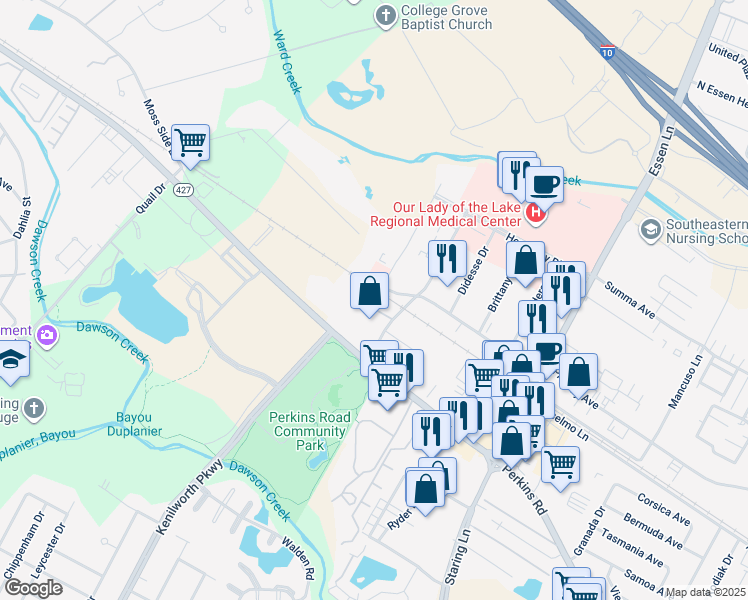 map of restaurants, bars, coffee shops, grocery stores, and more near 7081 Perkins Place Court in Baton Rouge