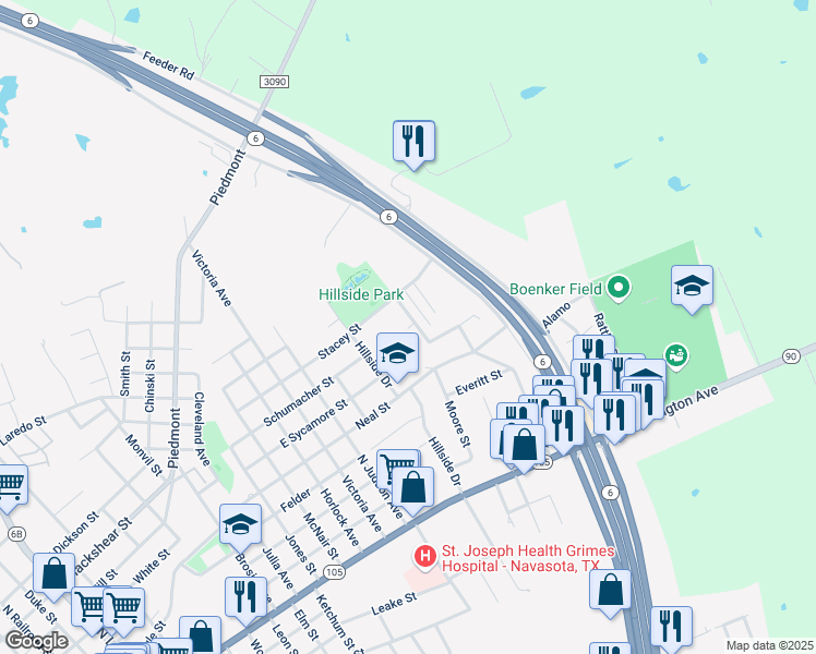 map of restaurants, bars, coffee shops, grocery stores, and more near 603 Wadesway in Navasota