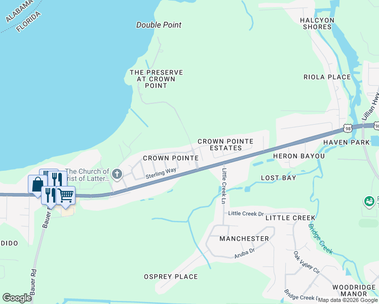 map of restaurants, bars, coffee shops, grocery stores, and more near 7937 Castle Pointe Way in Pensacola