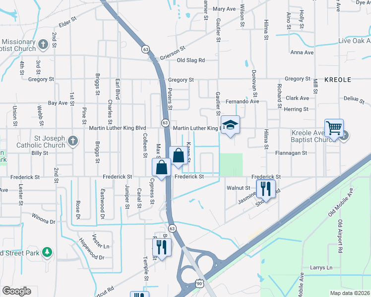 map of restaurants, bars, coffee shops, grocery stores, and more near 4100 Karen Street in Moss Point