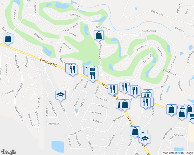 map of restaurants, bars, coffee shops, grocery stores, and more near 103 Beau Soleil Place in Mandeville