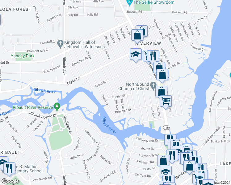 map of restaurants, bars, coffee shops, grocery stores, and more near 8907 8th Avenue in Jacksonville
