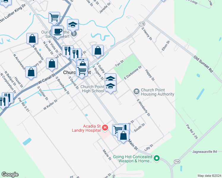 map of restaurants, bars, coffee shops, grocery stores, and more near 415 East Lougarre Street in Church Point