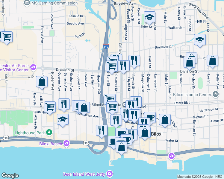 map of restaurants, bars, coffee shops, grocery stores, and more near 231 Couevas St in Biloxi
