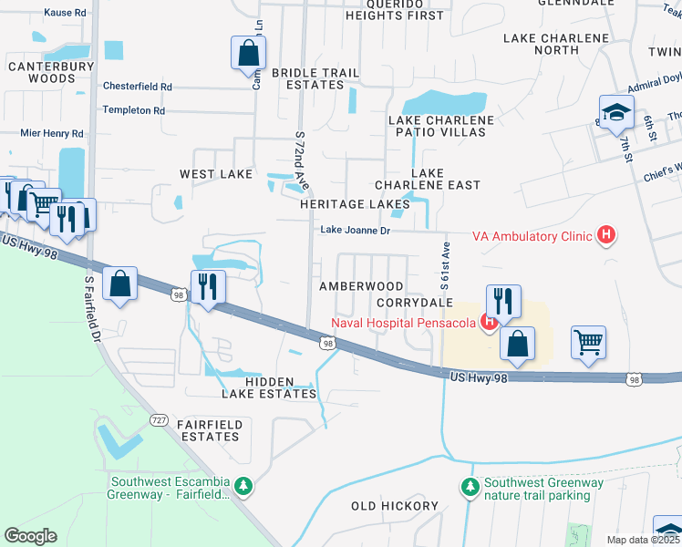 map of restaurants, bars, coffee shops, grocery stores, and more near 828 Lavon Drive in Pensacola