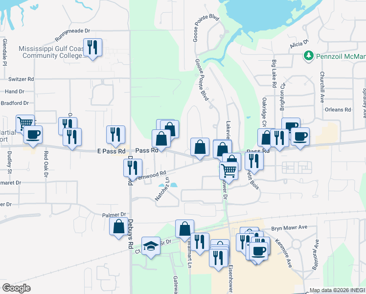 map of restaurants, bars, coffee shops, grocery stores, and more near 311 Westview Drive in Biloxi