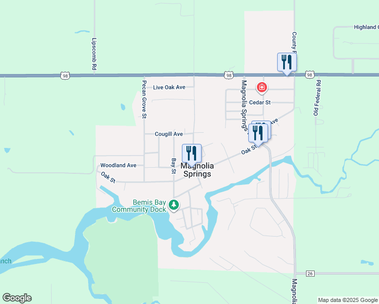 map of restaurants, bars, coffee shops, grocery stores, and more near 12113 Jessamine Street in Magnolia Springs