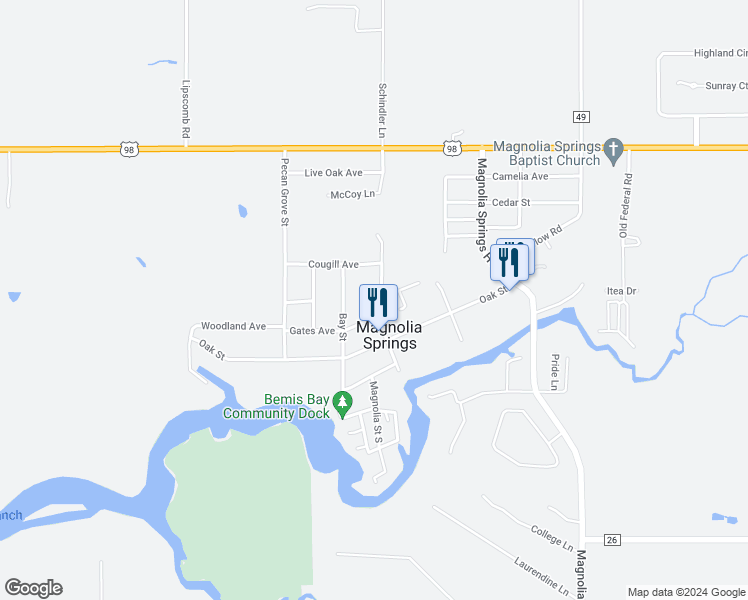 map of restaurants, bars, coffee shops, grocery stores, and more near 12113 Jessamine Street in Magnolia Springs