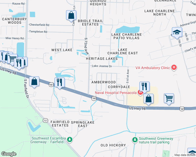 map of restaurants, bars, coffee shops, grocery stores, and more near 828 Lavon Drive in Pensacola