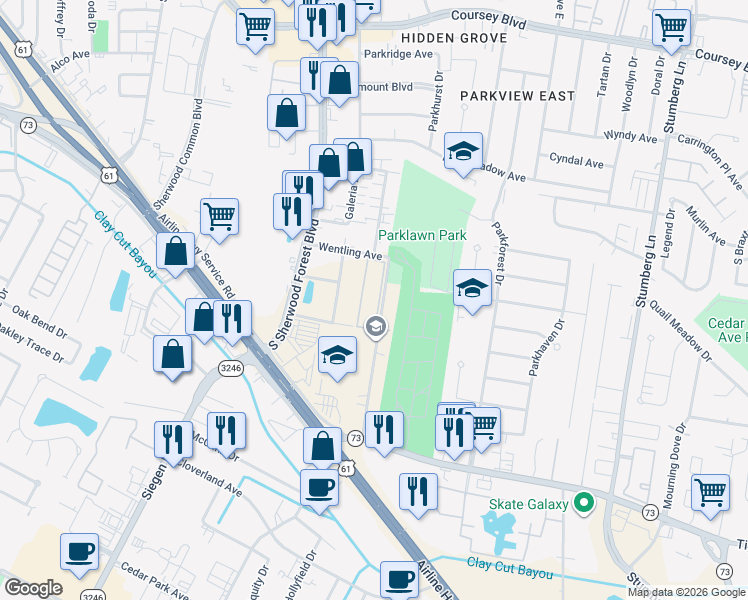 map of restaurants, bars, coffee shops, grocery stores, and more near 11850 Wentling Avenue in Baton Rouge