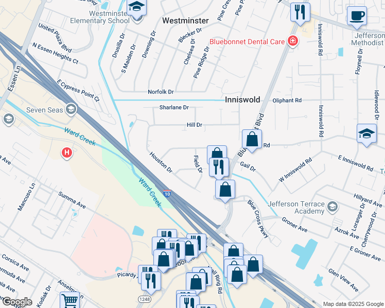 map of restaurants, bars, coffee shops, grocery stores, and more near 8772 Gail Drive in Baton Rouge