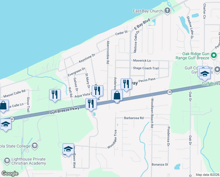 map of restaurants, bars, coffee shops, grocery stores, and more near 1700-1744 Abercrombie Rd in Gulf Breeze