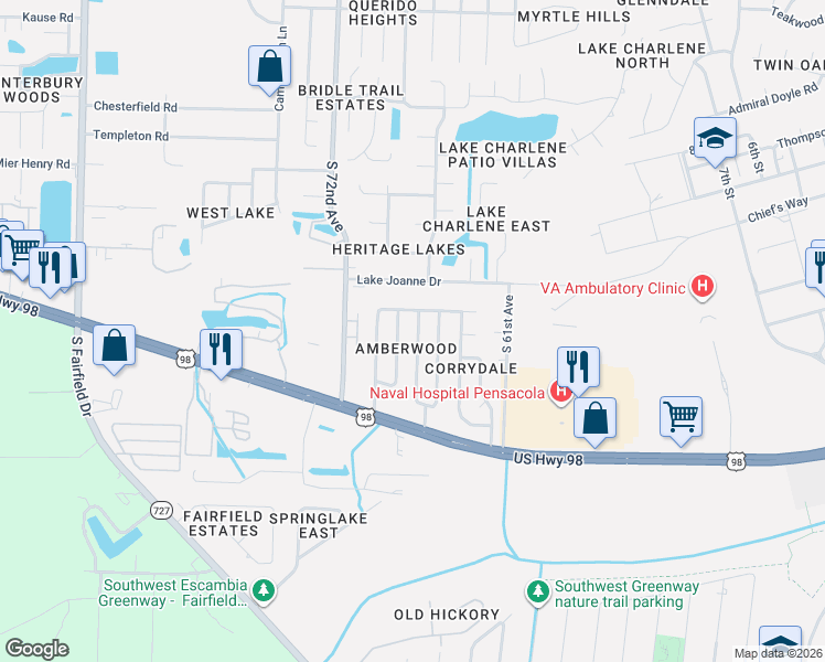 map of restaurants, bars, coffee shops, grocery stores, and more near 850 Amberway Drive in Pensacola