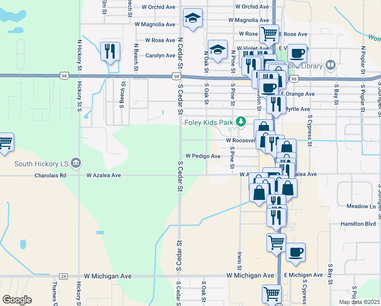 map of restaurants, bars, coffee shops, grocery stores, and more near 601 South Cedar Street in Foley