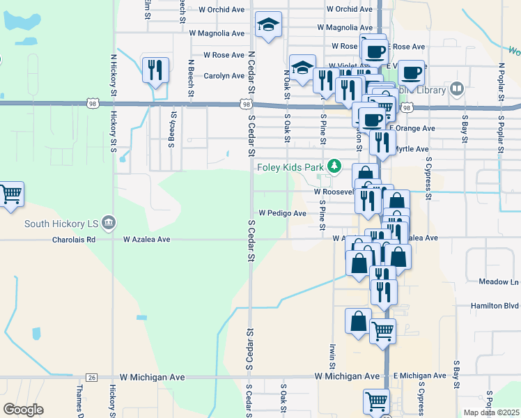 map of restaurants, bars, coffee shops, grocery stores, and more near 601 South Cedar Street in Foley