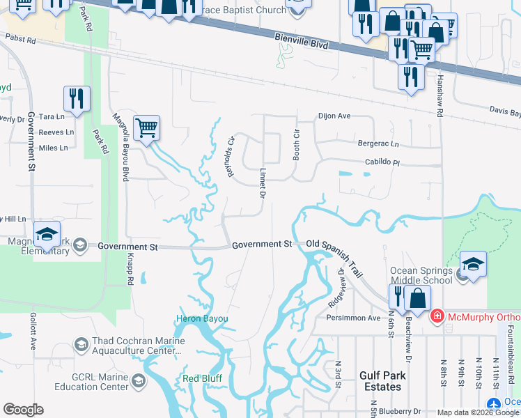 map of restaurants, bars, coffee shops, grocery stores, and more near 114 Linnet Dr in Ocean Springs