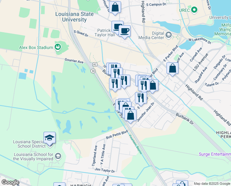 map of restaurants, bars, coffee shops, grocery stores, and more near 4001 Nicholson Drive in Baton Rouge