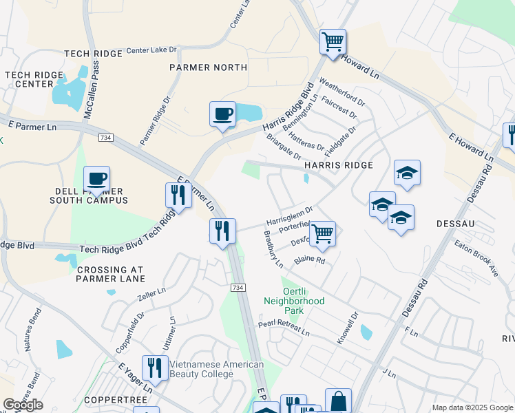 map of restaurants, bars, coffee shops, grocery stores, and more near 12800 1/2 Harrisglenn Drive in Austin