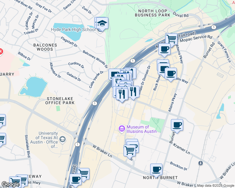 map of restaurants, bars, coffee shops, grocery stores, and more near 3409 Esperanza Crossing in Austin