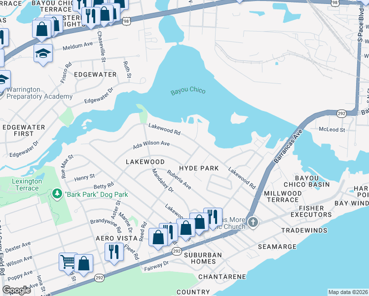 map of restaurants, bars, coffee shops, grocery stores, and more near 204 Ada Wilson Avenue in Pensacola