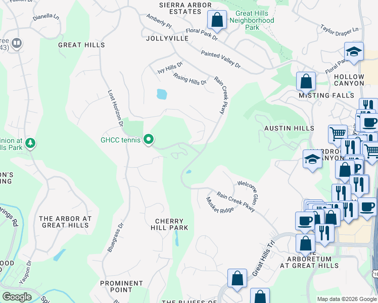 map of restaurants, bars, coffee shops, grocery stores, and more near 5700 Lost Horizon Drive in Austin