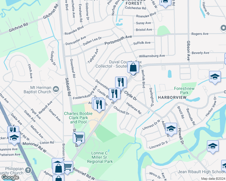 map of restaurants, bars, coffee shops, grocery stores, and more near 8931 Devonshire Boulevard in Jacksonville
