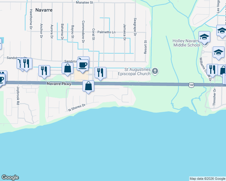 map of restaurants, bars, coffee shops, grocery stores, and more near 7464 North Shores Drive in Navarre