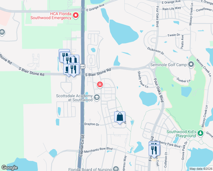 map of restaurants, bars, coffee shops, grocery stores, and more near 2106 Merrifield Lane in Tallahassee