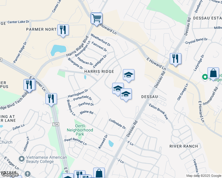 map of restaurants, bars, coffee shops, grocery stores, and more near 1920 Weatherford Drive in Austin