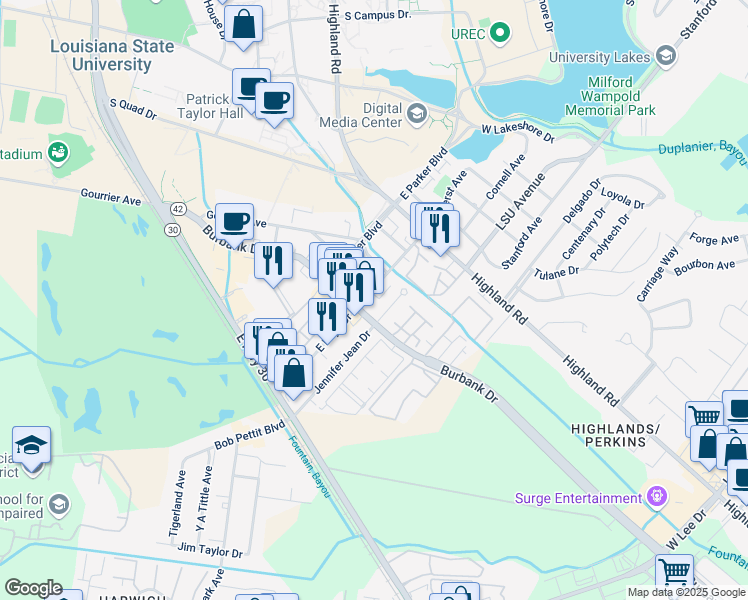 map of restaurants, bars, coffee shops, grocery stores, and more near 333 East Boyd Drive in Baton Rouge