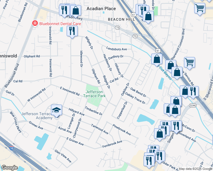 map of restaurants, bars, coffee shops, grocery stores, and more near 10320 Ridgely Drive in Baton Rouge