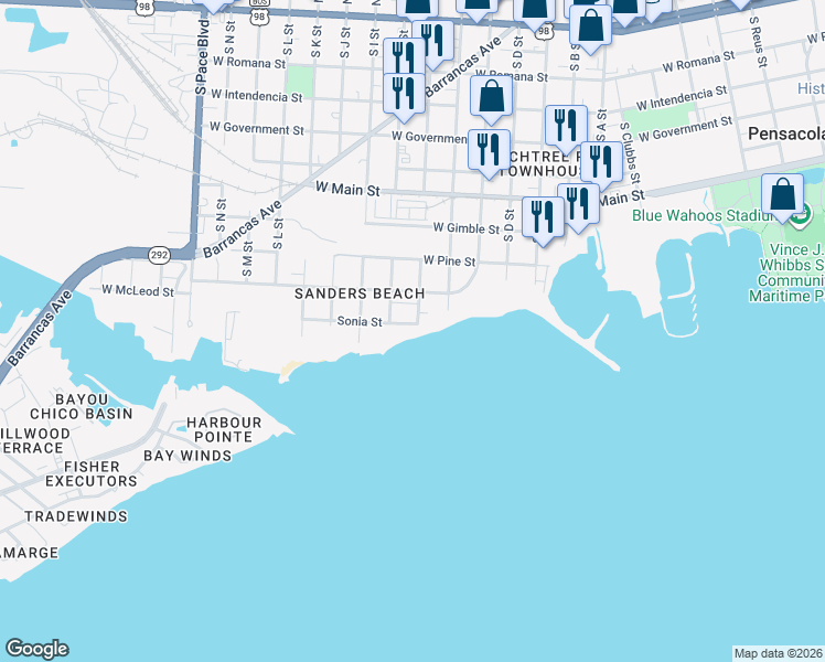 map of restaurants, bars, coffee shops, grocery stores, and more near 1407 Sonia Street in Pensacola