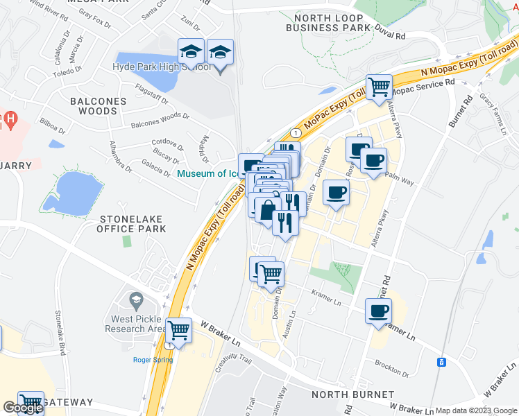 map of restaurants, bars, coffee shops, grocery stores, and more near 3409 Esperanza Crossing in Austin