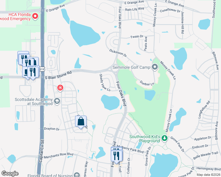 map of restaurants, bars, coffee shops, grocery stores, and more near 4061 Shady View Lane in Tallahassee
