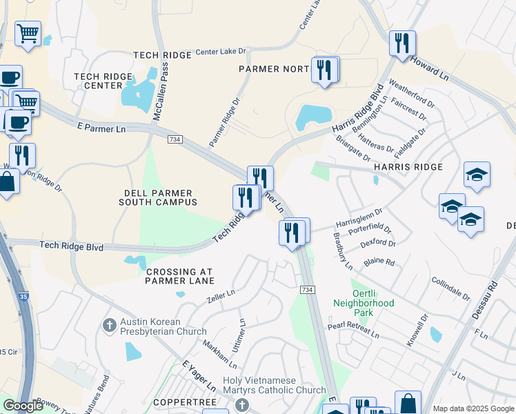 map of restaurants, bars, coffee shops, grocery stores, and more near 12601 Tech Ridge Boulevard in Austin