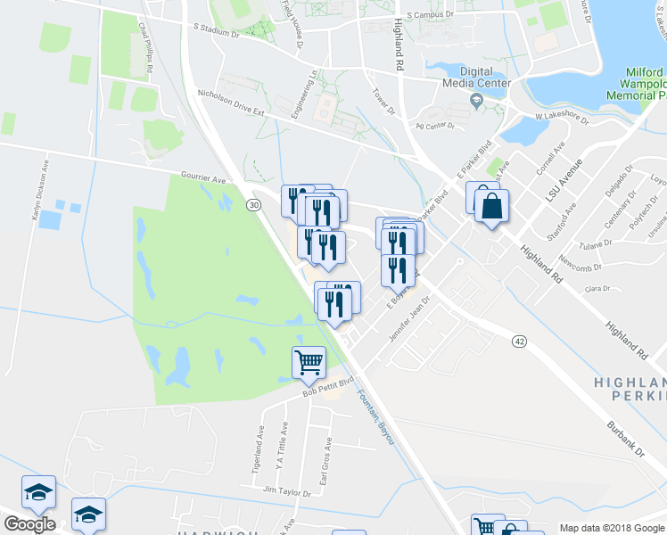 map of restaurants, bars, coffee shops, grocery stores, and more near 4001 Nicholson Drive in Baton Rouge