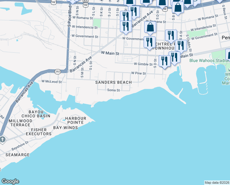 map of restaurants, bars, coffee shops, grocery stores, and more near 902 South I Street in Pensacola