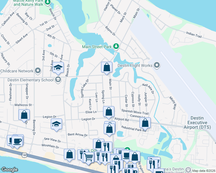 map of restaurants, bars, coffee shops, grocery stores, and more near 407 Main Street in Destin