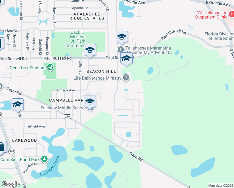 map of restaurants, bars, coffee shops, grocery stores, and more near 3397 Jim Lee Road in Tallahassee