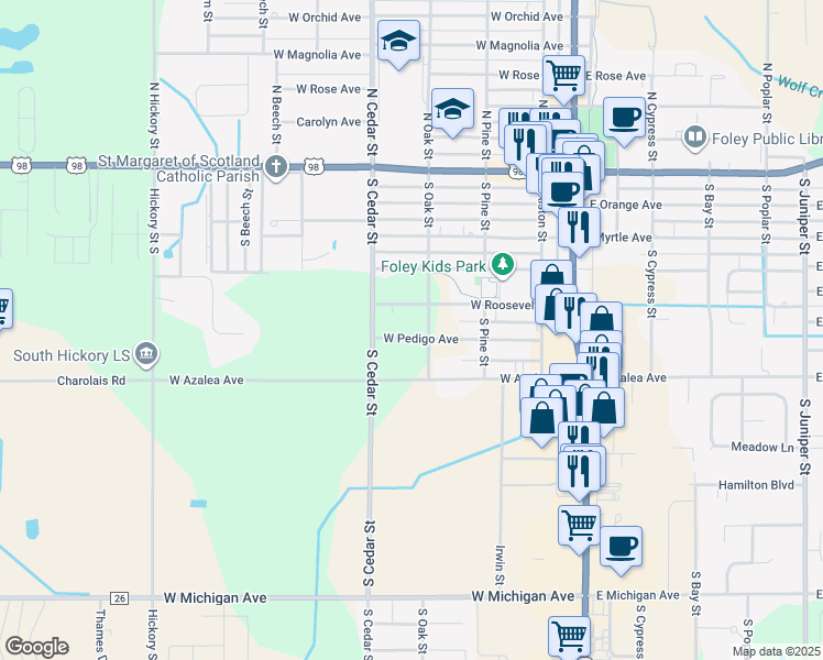 map of restaurants, bars, coffee shops, grocery stores, and more near 404 West Pedigo Avenue in Foley