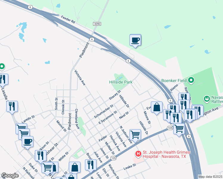 map of restaurants, bars, coffee shops, grocery stores, and more near 1401-1455 Stacey St in Navasota