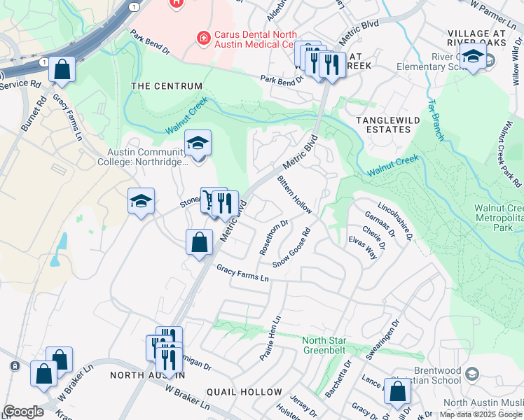 map of restaurants, bars, coffee shops, grocery stores, and more near 12001 Metric Boulevard in Austin