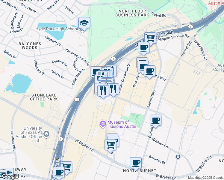 map of restaurants, bars, coffee shops, grocery stores, and more near 11410 Century Oaks Terrace in Austin