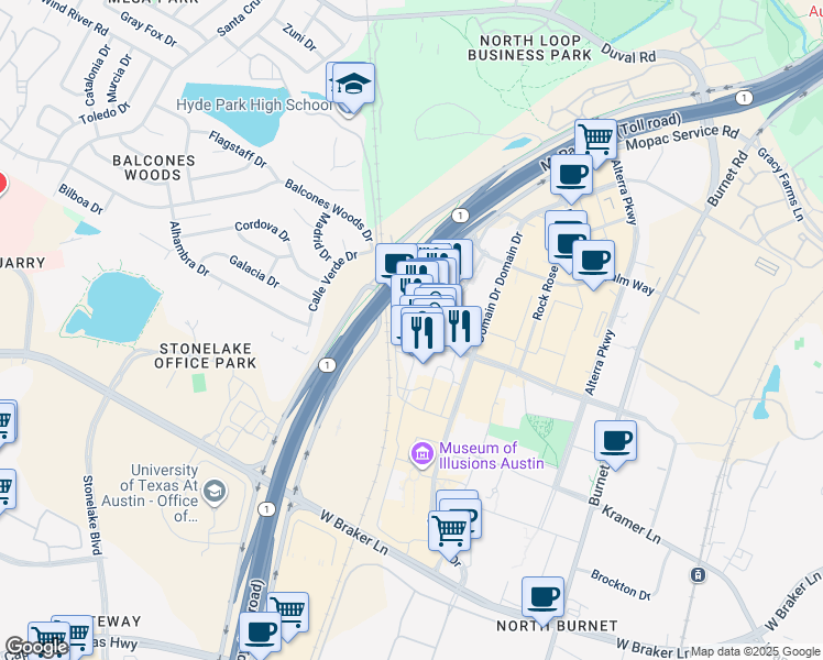 map of restaurants, bars, coffee shops, grocery stores, and more near 3409 Esperanza Crossing in Austin