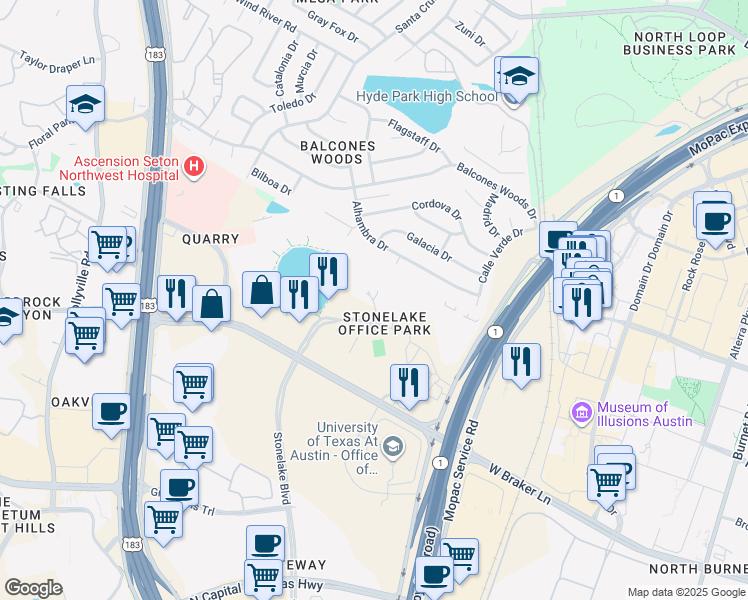 map of restaurants, bars, coffee shops, grocery stores, and more near in Austin