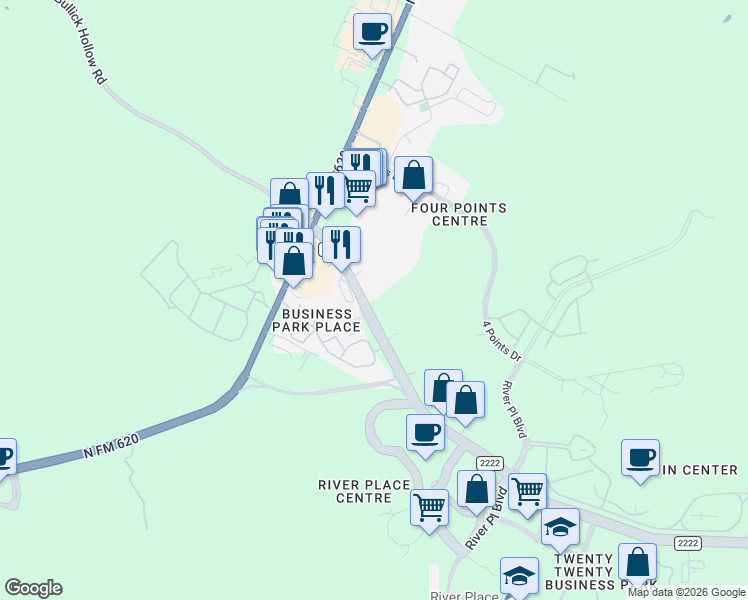 map of restaurants, bars, coffee shops, grocery stores, and more near 11220 Ranch Road 2222 in Austin