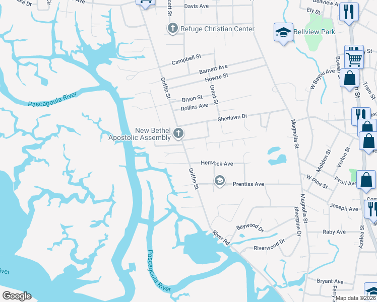 map of restaurants, bars, coffee shops, grocery stores, and more near 4100 River Road in Lucedale