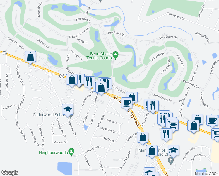 map of restaurants, bars, coffee shops, grocery stores, and more near 105 Beau Soleil Place in Mandeville