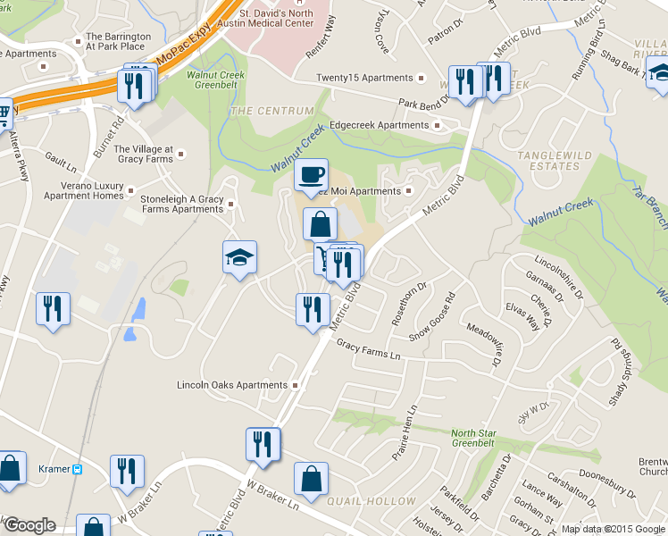 map of restaurants, bars, coffee shops, grocery stores, and more near 11959 Stonehollow Drive in Austin
