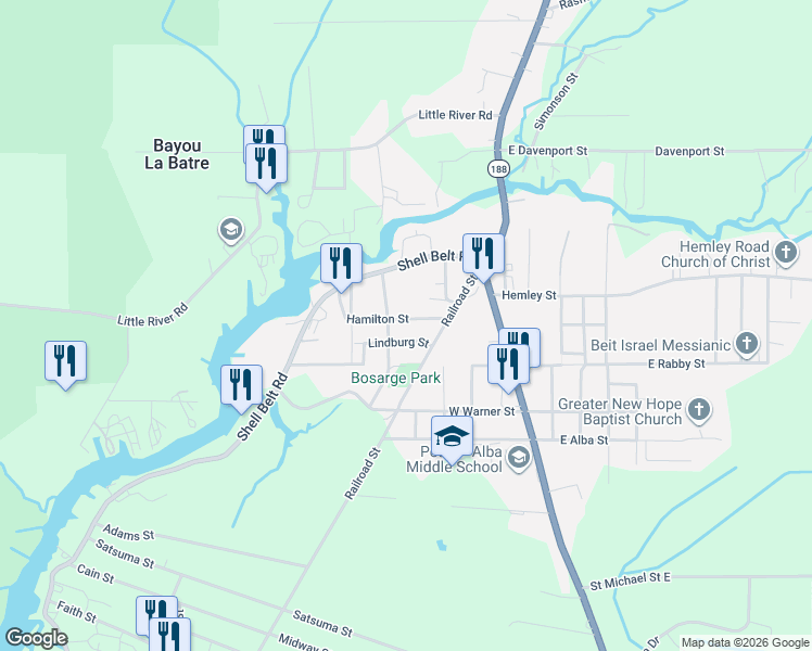 map of restaurants, bars, coffee shops, grocery stores, and more near 8875 Lindburg Street in Bayou La Batre